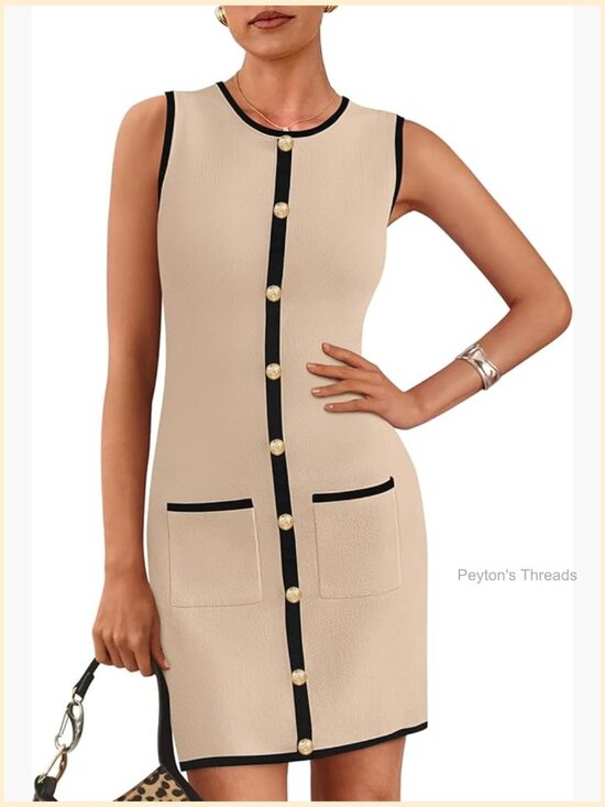 Dresses & Skirts - Sleeveless Crew Neck Knit Bodycon Mini Dress Patch Pockets Button Decor